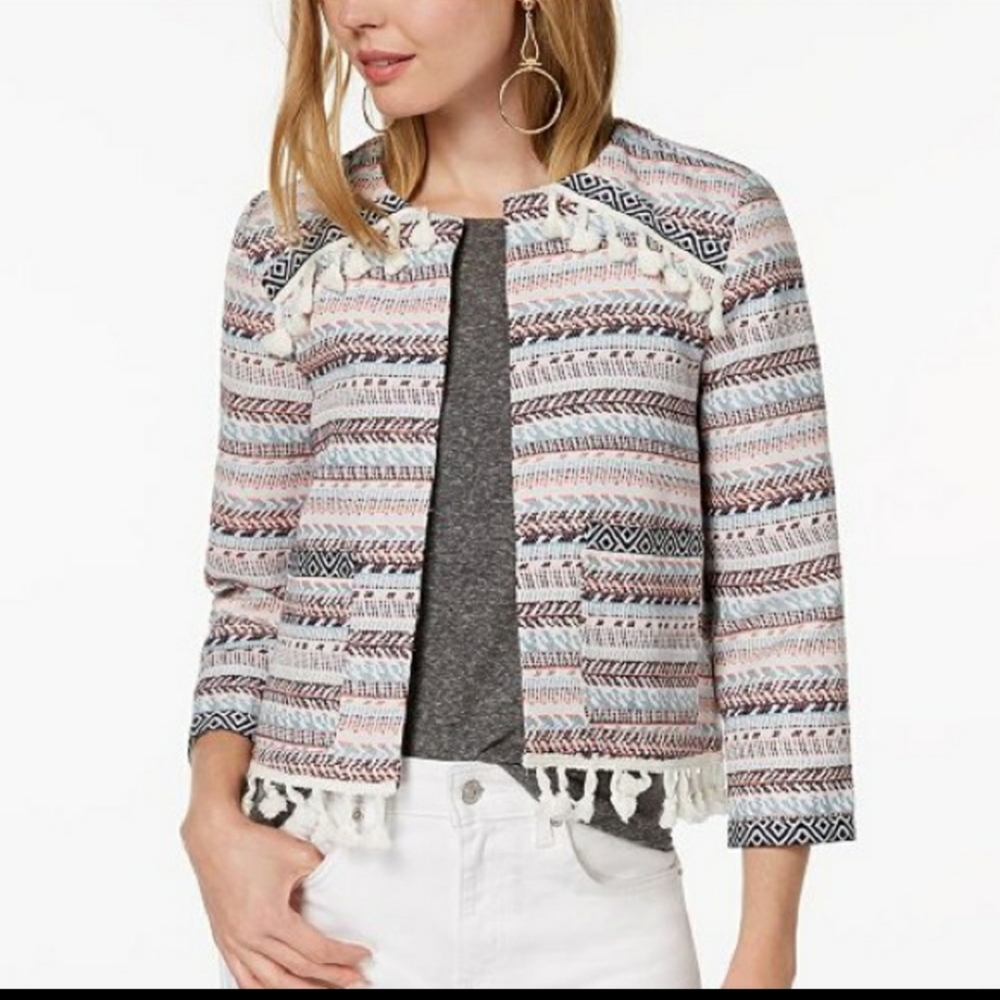 JACK by BB DAKOTA Boho Indie Cropped Open Front Cardigan Jacket Tassels Fringe